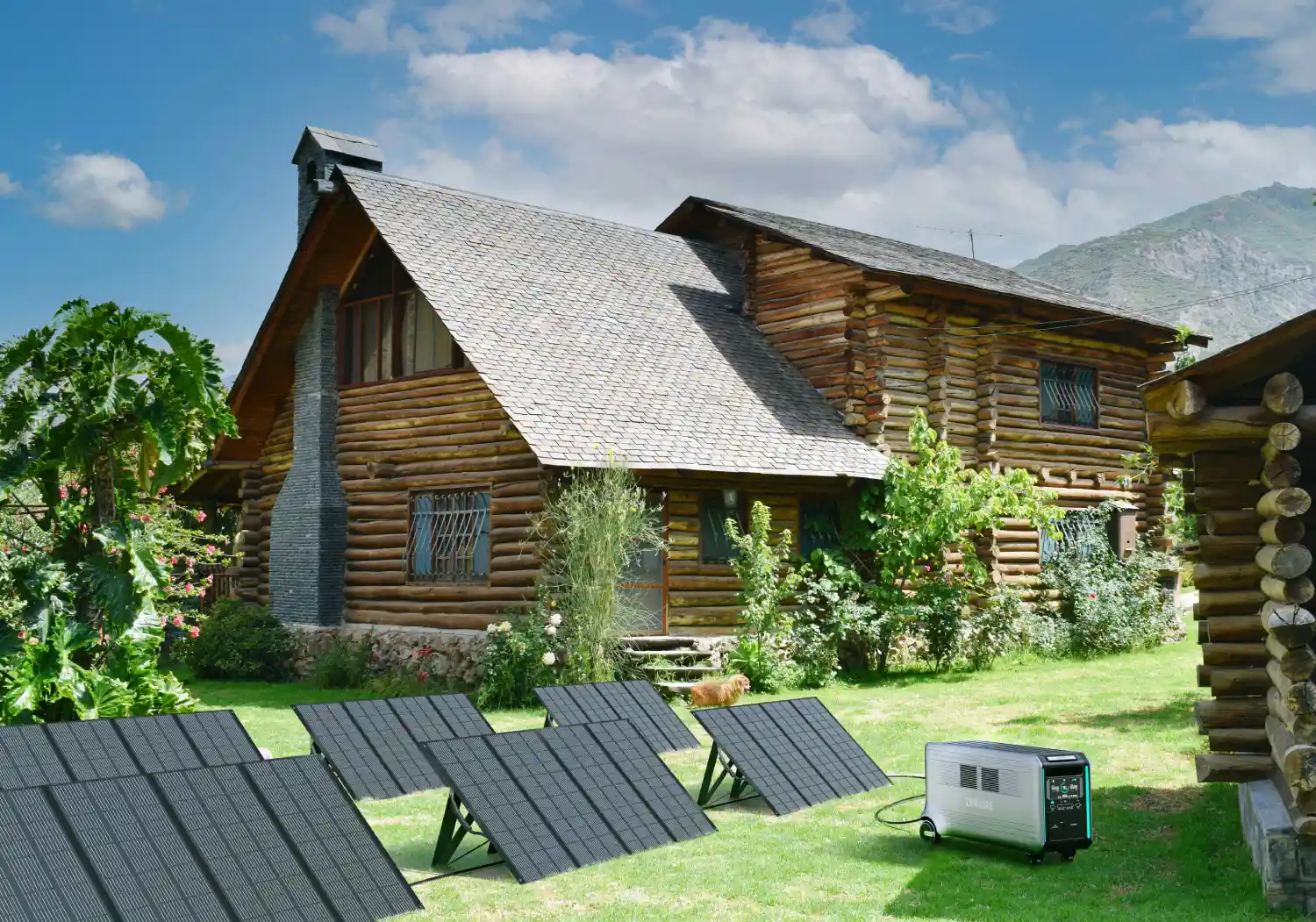 https://unsplash.com/photos/a-log-cabin-with-solar-panels-on-the-lawn-6h5nE_nDB8Q